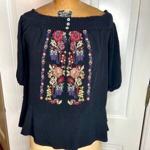 Boho Festival Smocked Shoulder Top with Floral Embroidery Size Small
